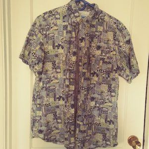 Columbia Short Sleeve Button-Down Blue Fish Motif Shirt Sz Large